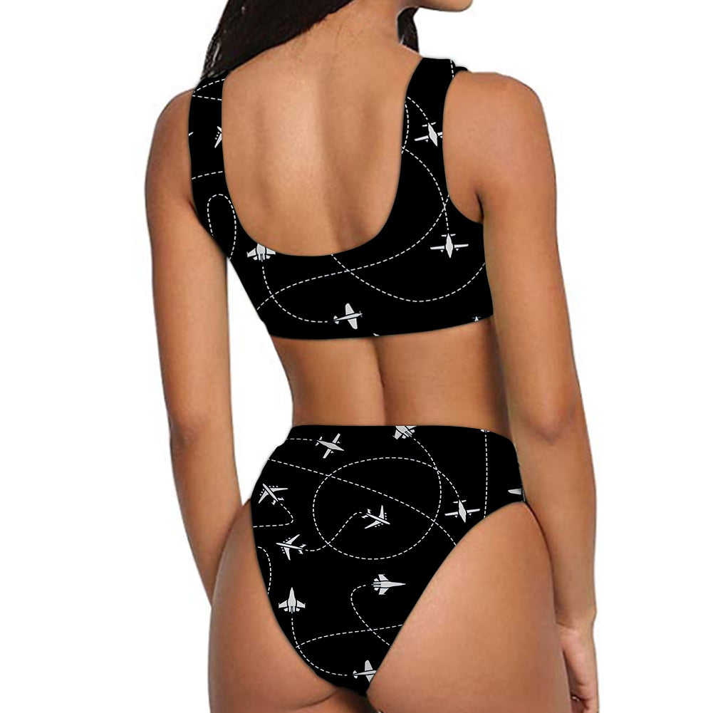 Travel The World By Plane (Black) Designed Women Bikini Set Swimsuit