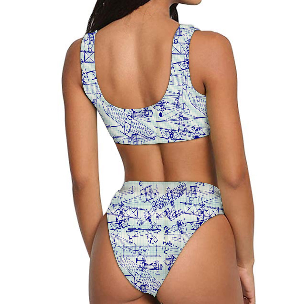 Amazing Drawings of Old Aircrafts Designed Women Bikini Set Swimsuit