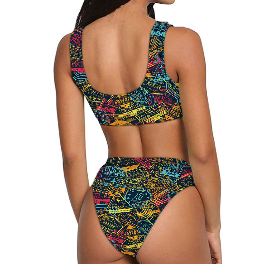 Dark Coloured Passport Stamps Designed Women Bikini Set Swimsuit