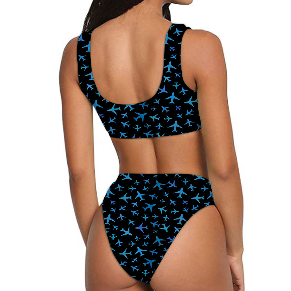 Many Airplanes Black Designed Women Bikini Set Swimsuit