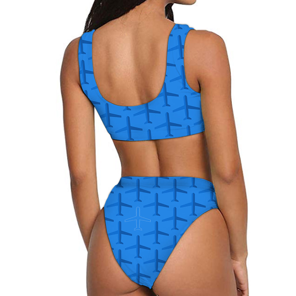 Blue Seamless Airplanes Designed Women Bikini Set Swimsuit