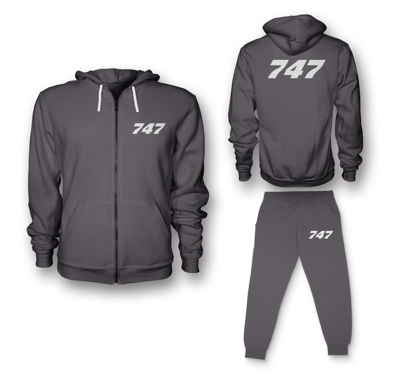 747 Flat Text Designed Zipped Hoodies & Sweatpants Set