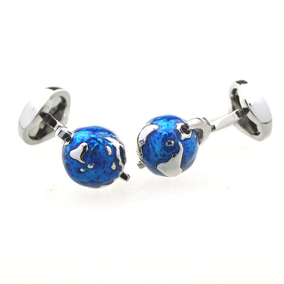 Earth Shaped aviation cuff links, polished metal body with engraved detail.