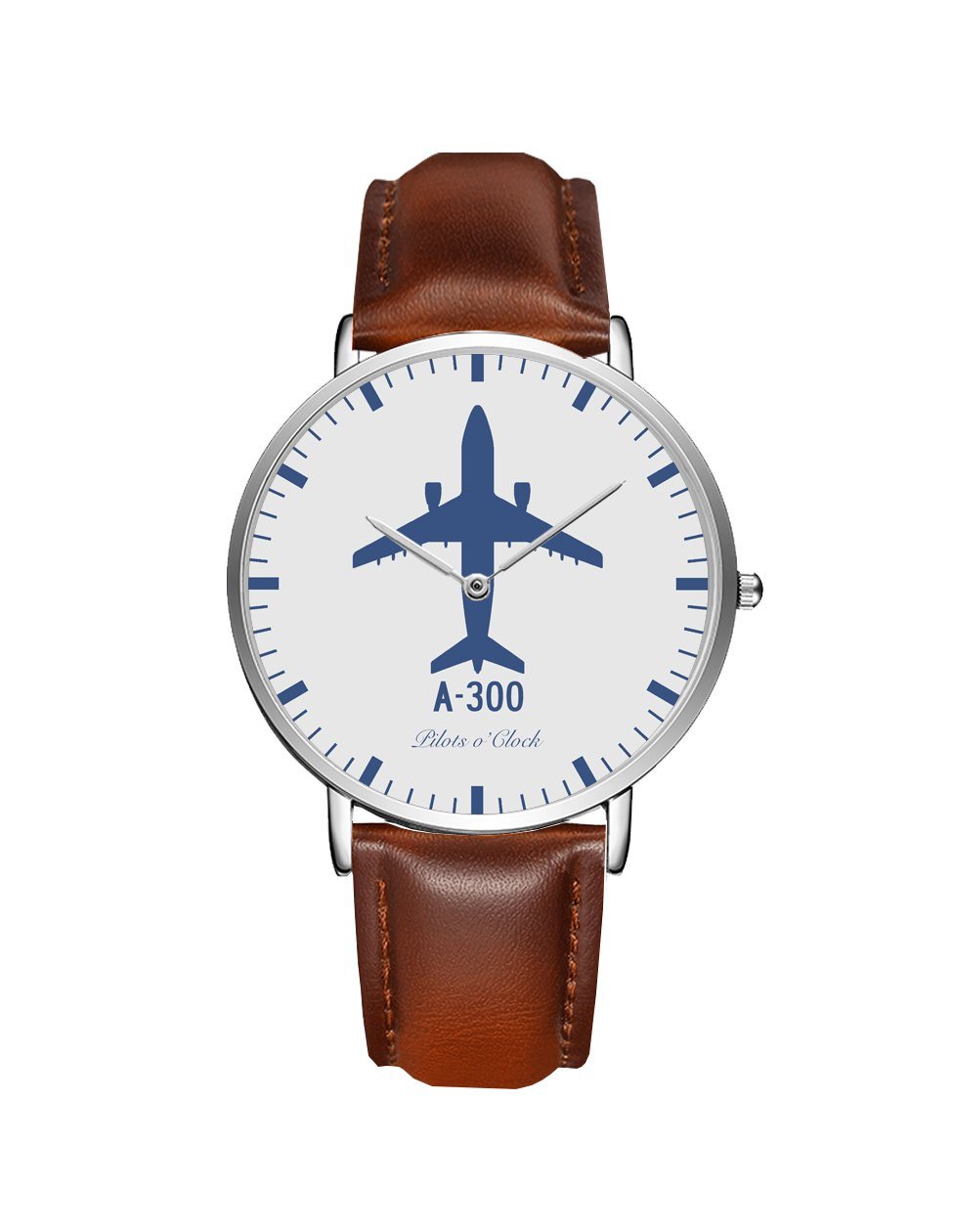Airbus A300 Leather Strap Watches Pilot Eyes Store Silver & Brown Leather Strap 