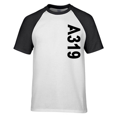 Airbus A319 Side Text aviation design printed on soft cotton raglan T-shirt.