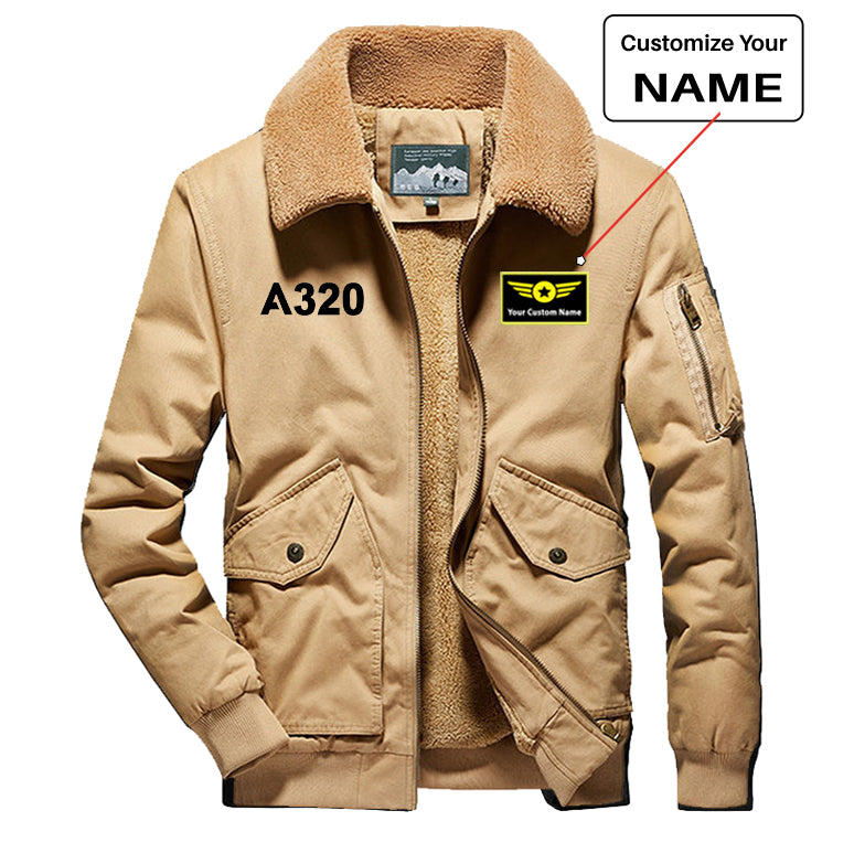 A320 Flat Text Designed Thick Bomber Jackets