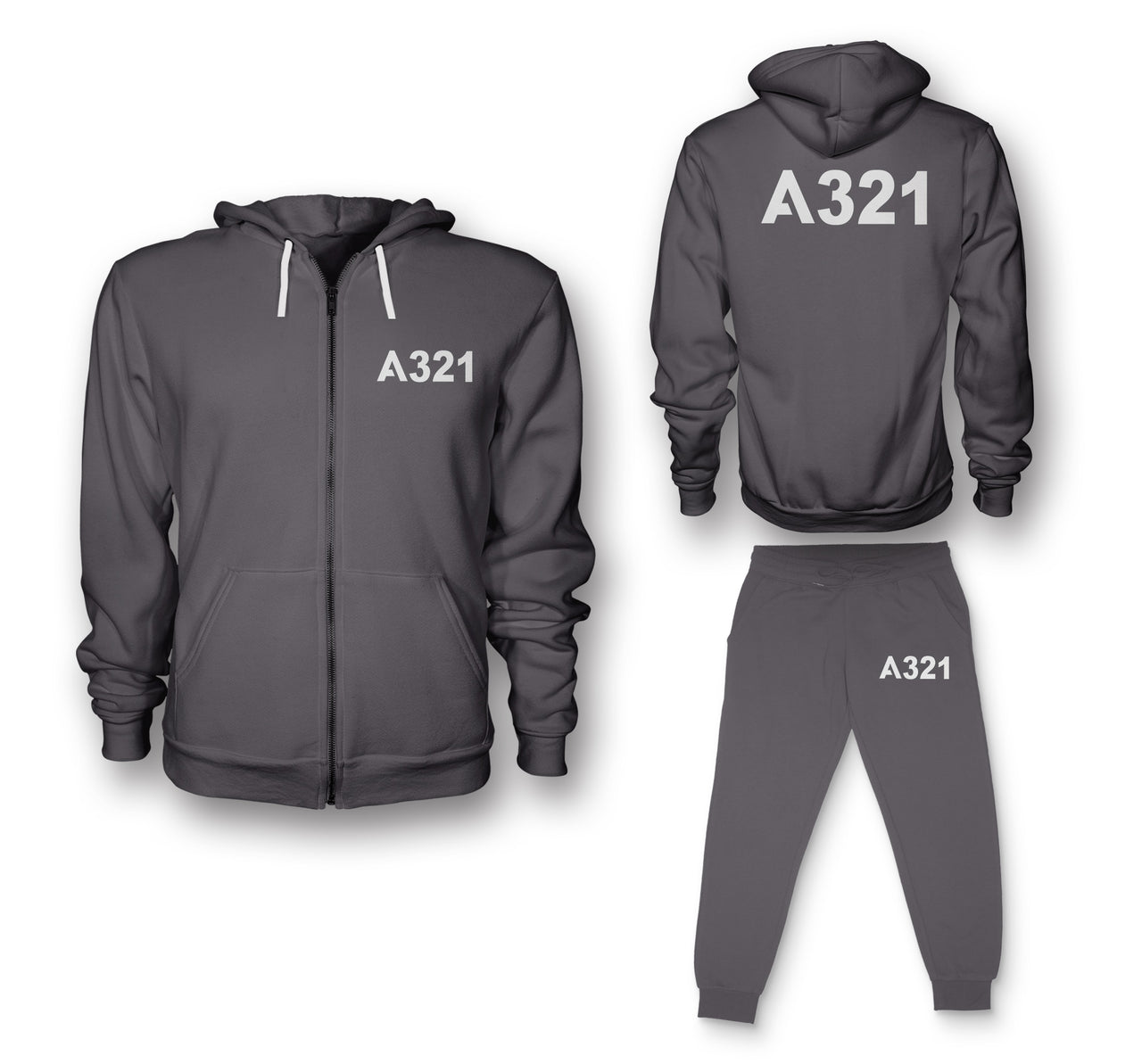 A321 Flat Text Designed Zipped Hoodies & Sweatpants Set