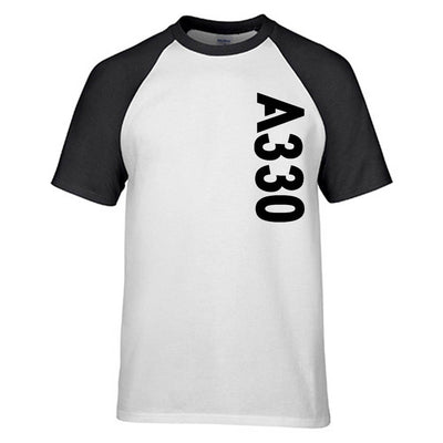 Airbus A330 Side Text aviation design printed on soft cotton raglan T-shirt.