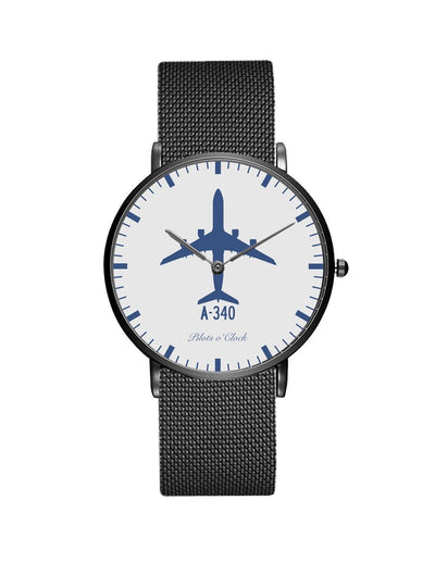 Side view of Airbus A340 aviation slim watch in stainless steel, polished finish.