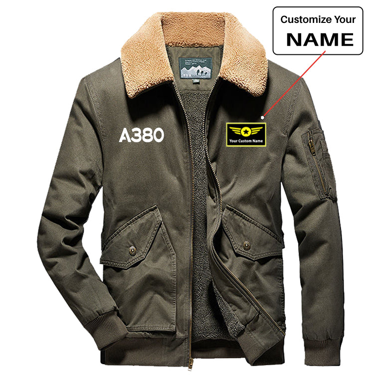 A380 Flat Text Designed Thick Bomber Jackets