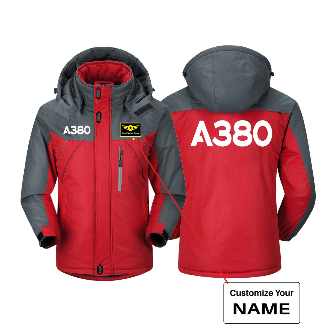 A380 Flat Text Designed Thick Winter Jackets