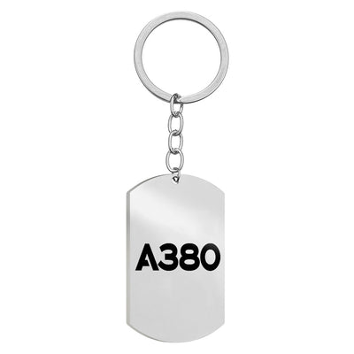 Side view of Airbus A380 Flat Text Stainless Steel Key Chains (Double Side) aviation double-side stainless steel key chain in.