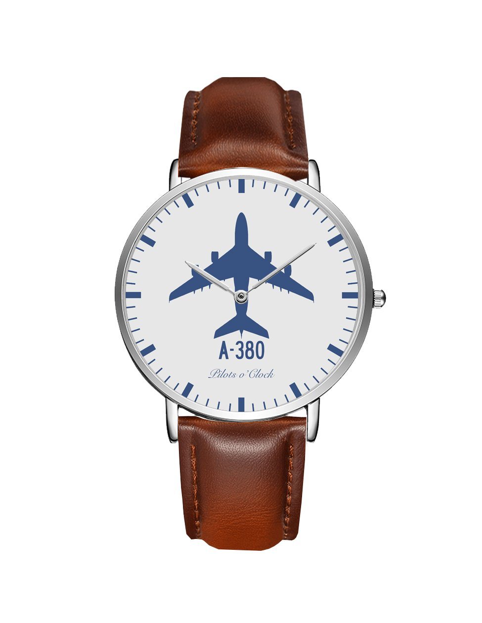 Airbus A380 Leather Strap Watches Pilot Eyes Store Silver & Brown Leather Strap 