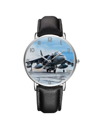Thumbnail for McDonnell Douglas AV-8B Harrier II Leather Strap Watches Aviation Shop Silver & Black Leather Strap 
