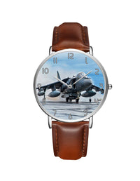 Thumbnail for McDonnell Douglas AV-8B Harrier II Leather Strap Watches Aviation Shop Silver & Brown Leather Strap 