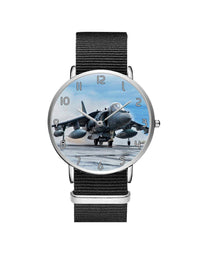 Thumbnail for McDonnell Douglas AV-8B Harrier II Leather Strap Watches Aviation Shop Silver & Black Nylon Strap 