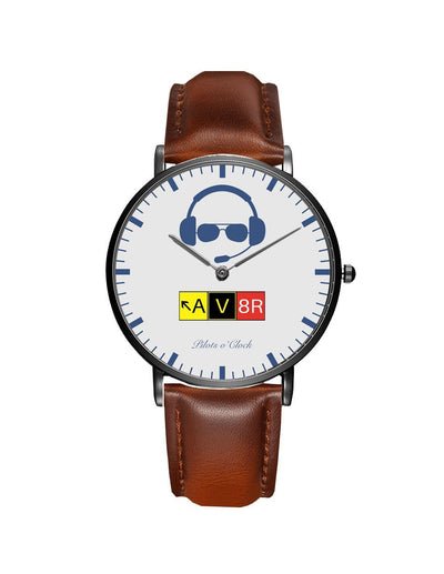 AV8R aviation-themed slim watch, polished stainless steel.