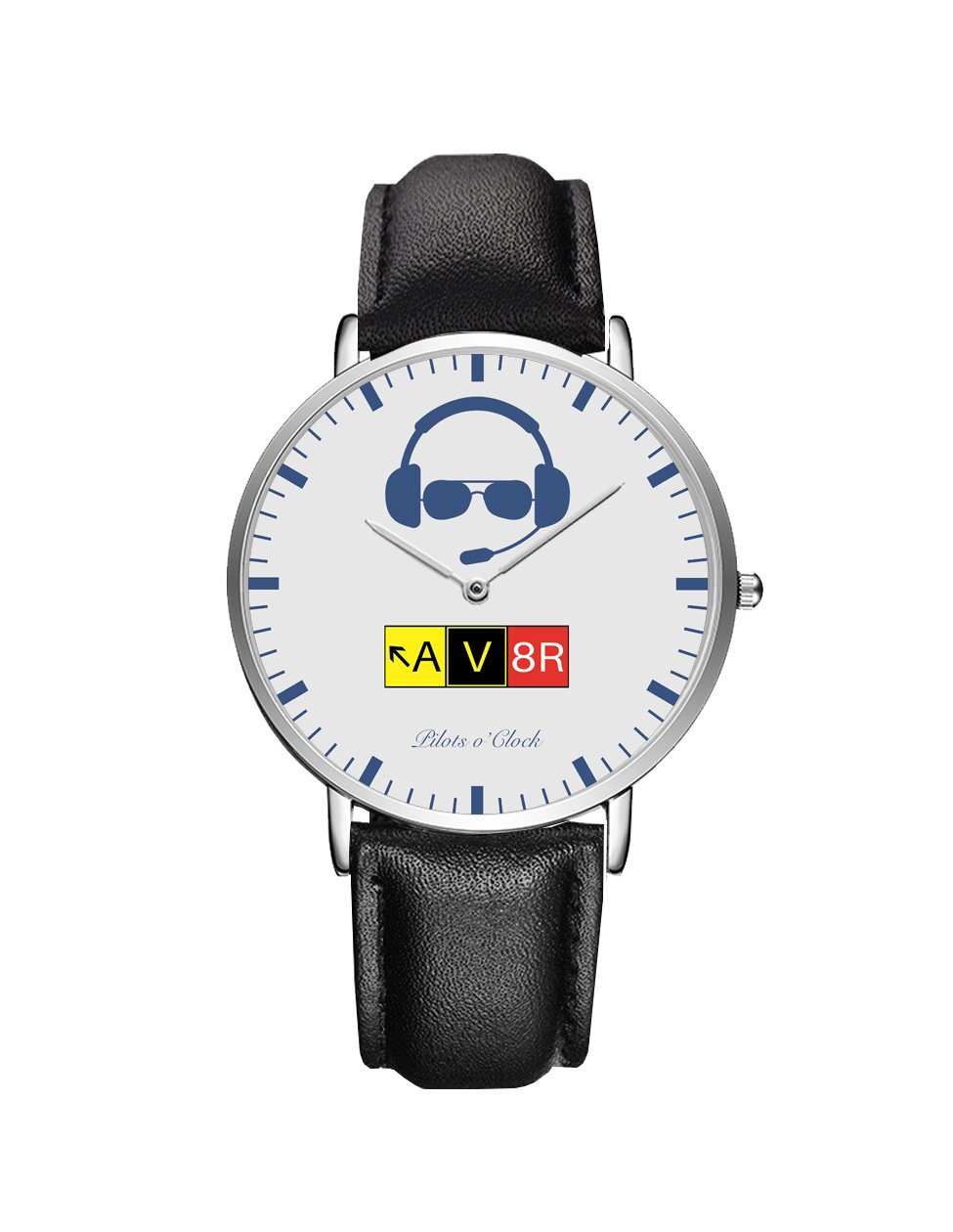 AV8R Leather Strap Watches Pilot Eyes Store Silver & Black Leather Strap 