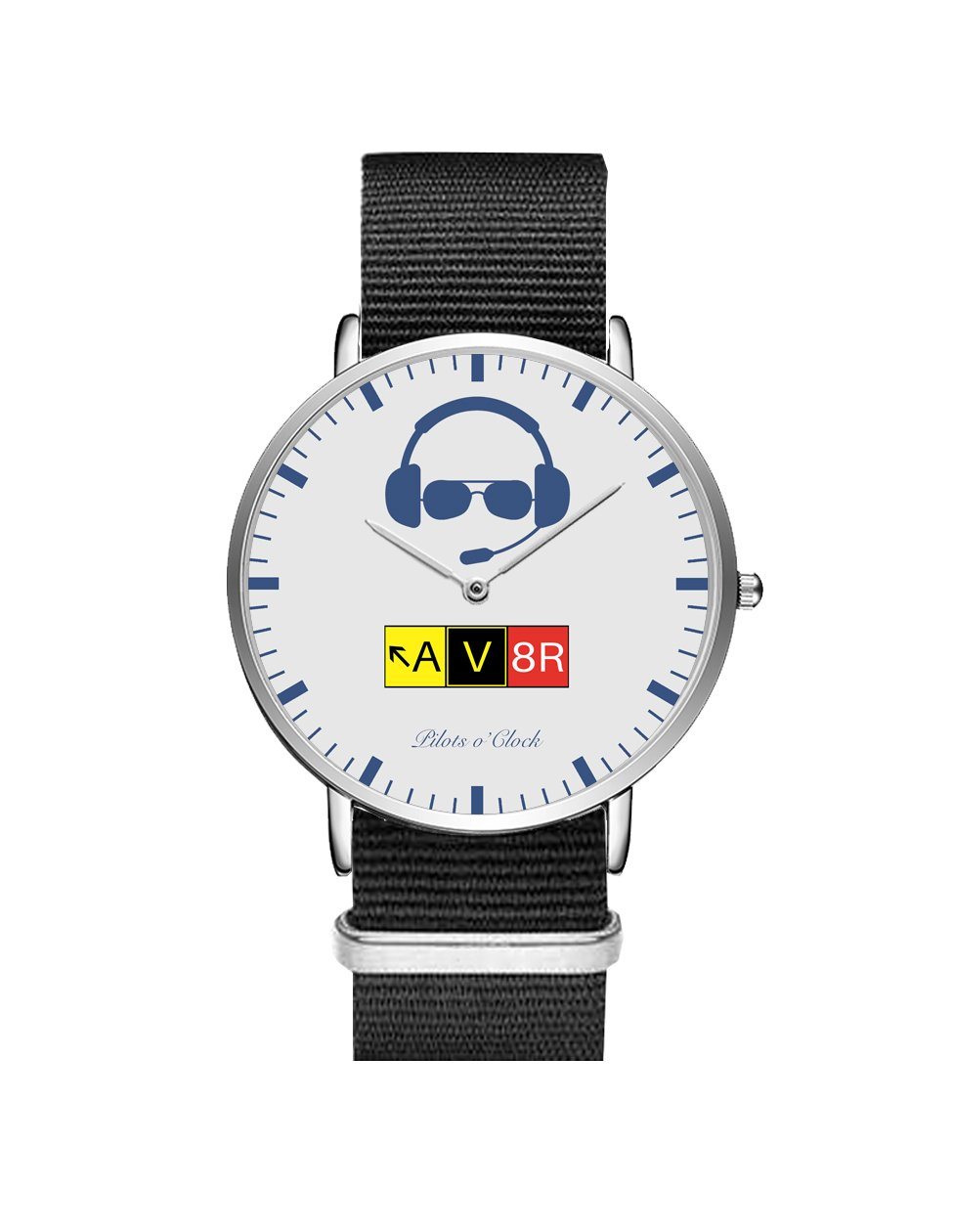 AV8R Leather Strap Watches Pilot Eyes Store Silver & Black Nylon Strap 