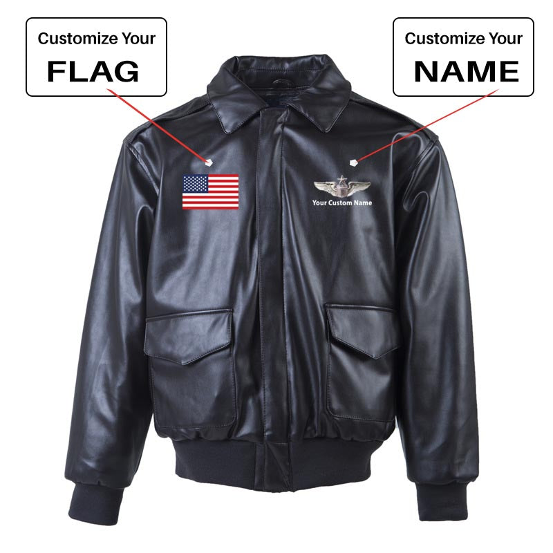 Custom Flag & Name with "US Air Force & Star" Leather Bomber Jackets (NO Fur)