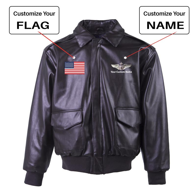 Custom Flag & Name with "US Air Force & Star" Leather Bomber Jackets (NO Fur)