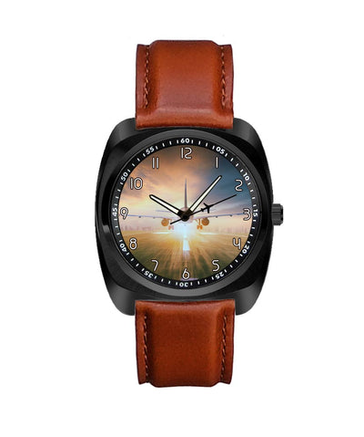 Airplane Flying Over Runway aviation luxury watch, stainless steel body with engraved detail.