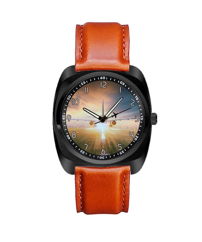 Airplane Flying Over Runway Designed Luxury Watches
