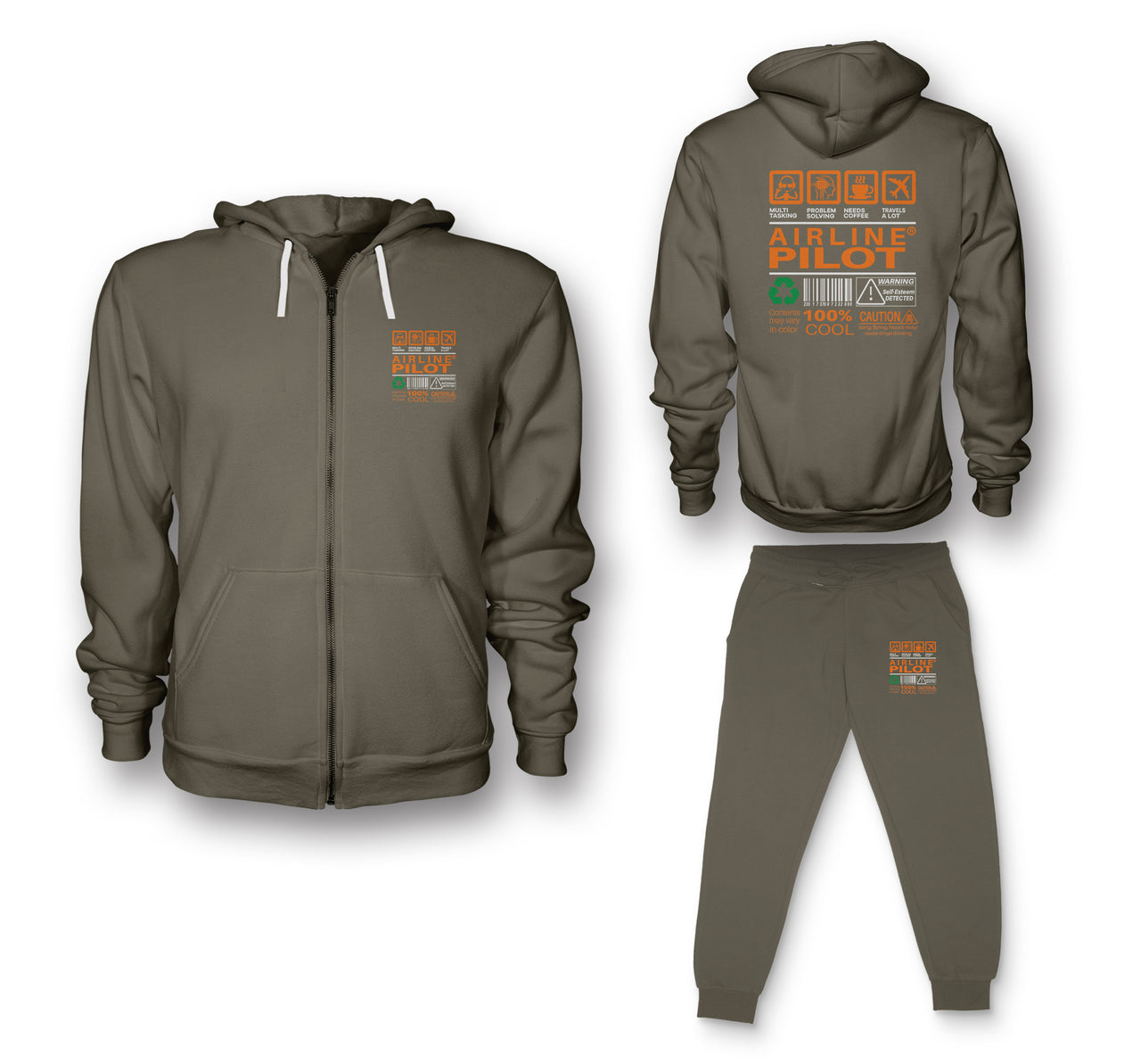 Airline Pilot Label Designed Zipped Hoodies & Sweatpants Set