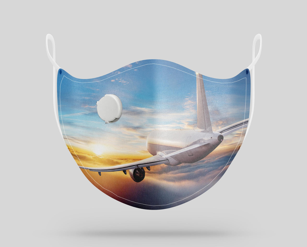 Airliner Jet Cruising over Clouds Designed Face Masks