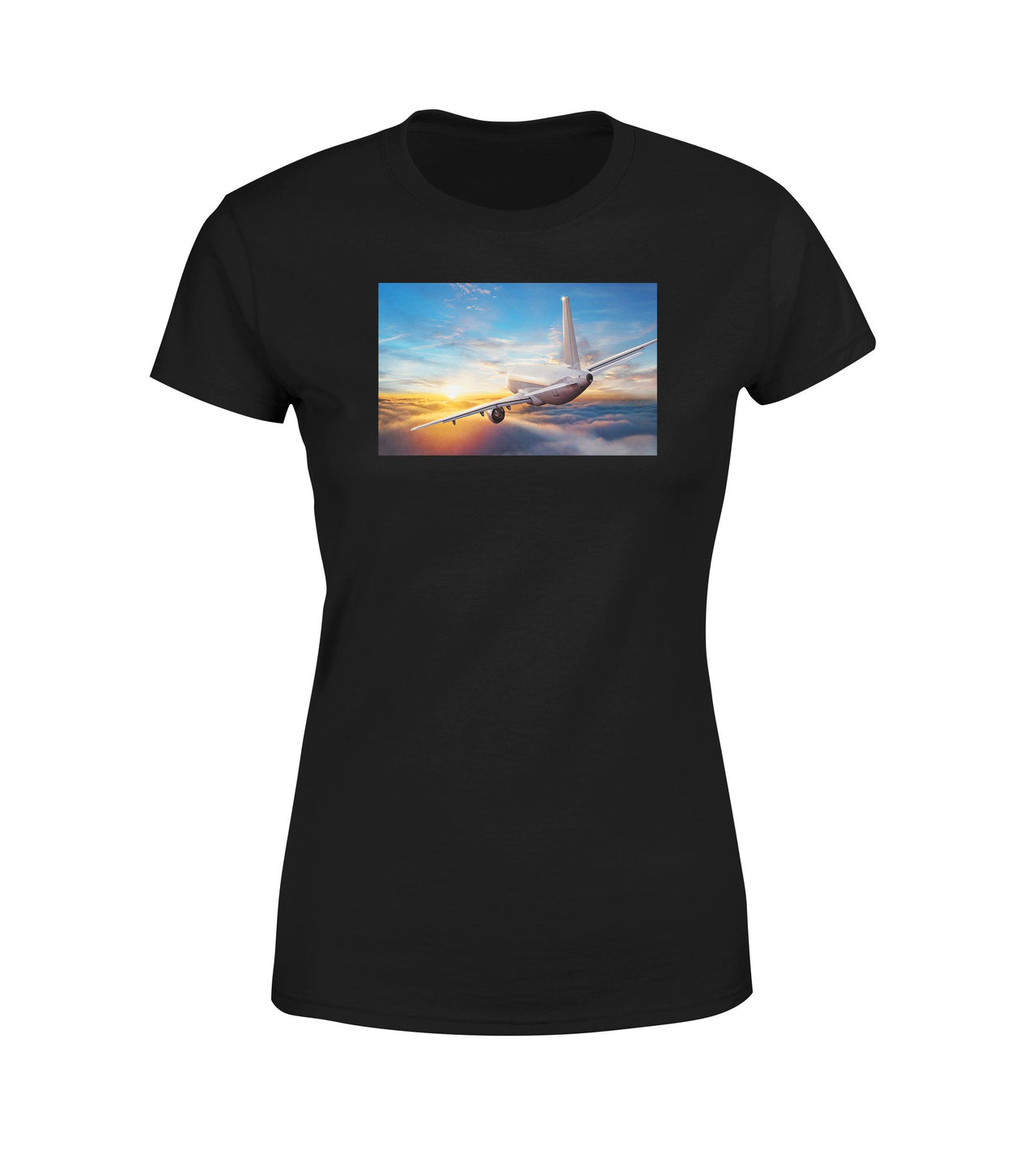 Airliner Jet Cruising over Clouds Designed Women T-Shirts