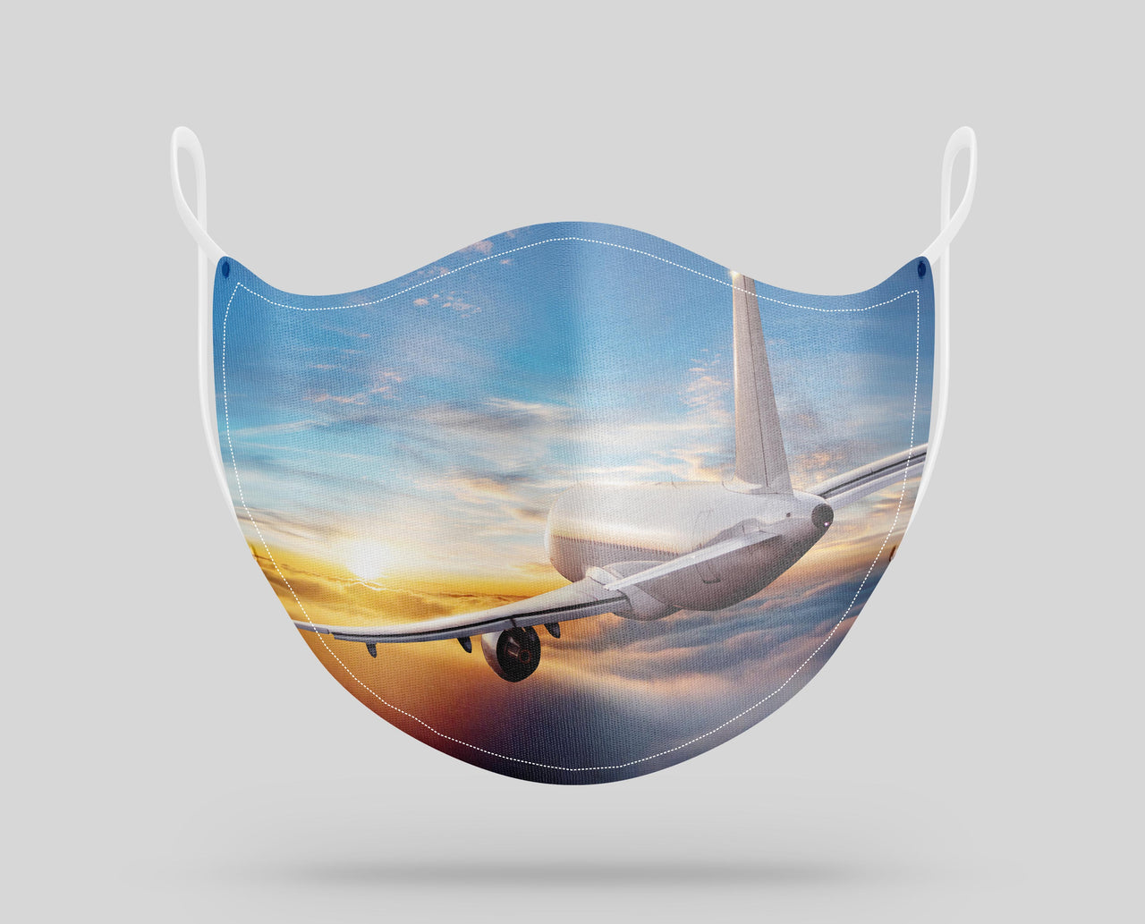 Airliner Jet Cruising over Clouds Designed Face Masks