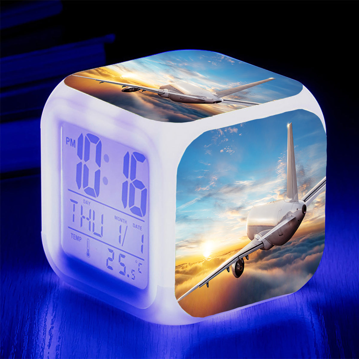 Airliner Jet Cruising over Clouds Designed "7 Colour" Digital Alarm Clock