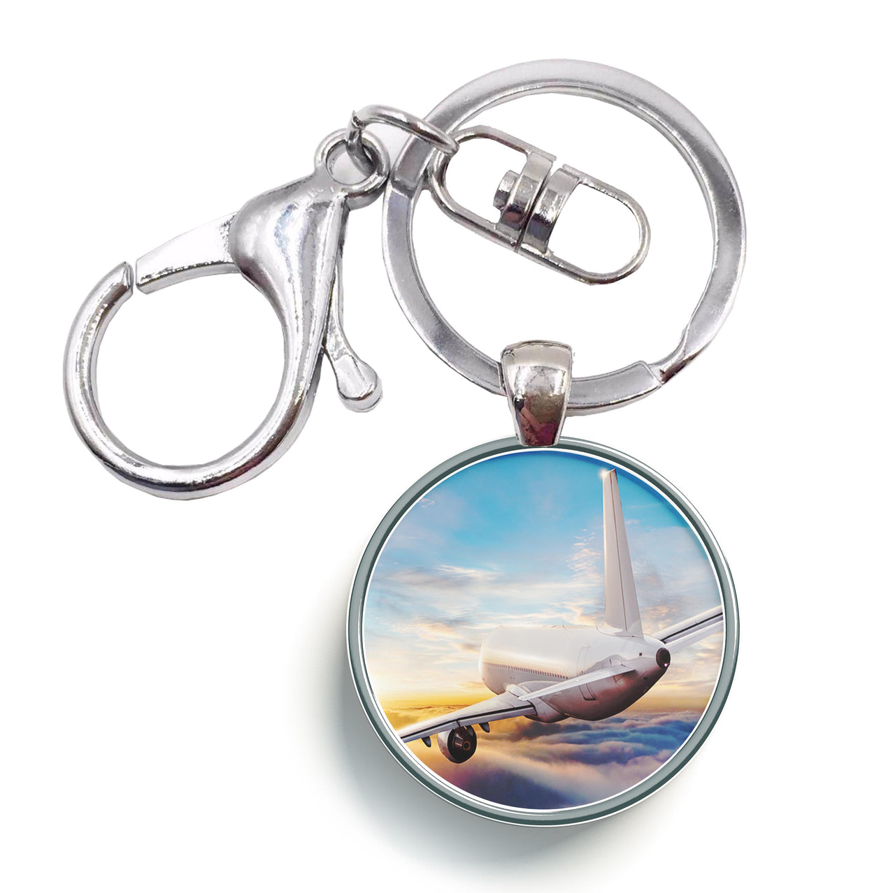 Airliner Jet Cruising over Clouds Designed Circle Key Chains