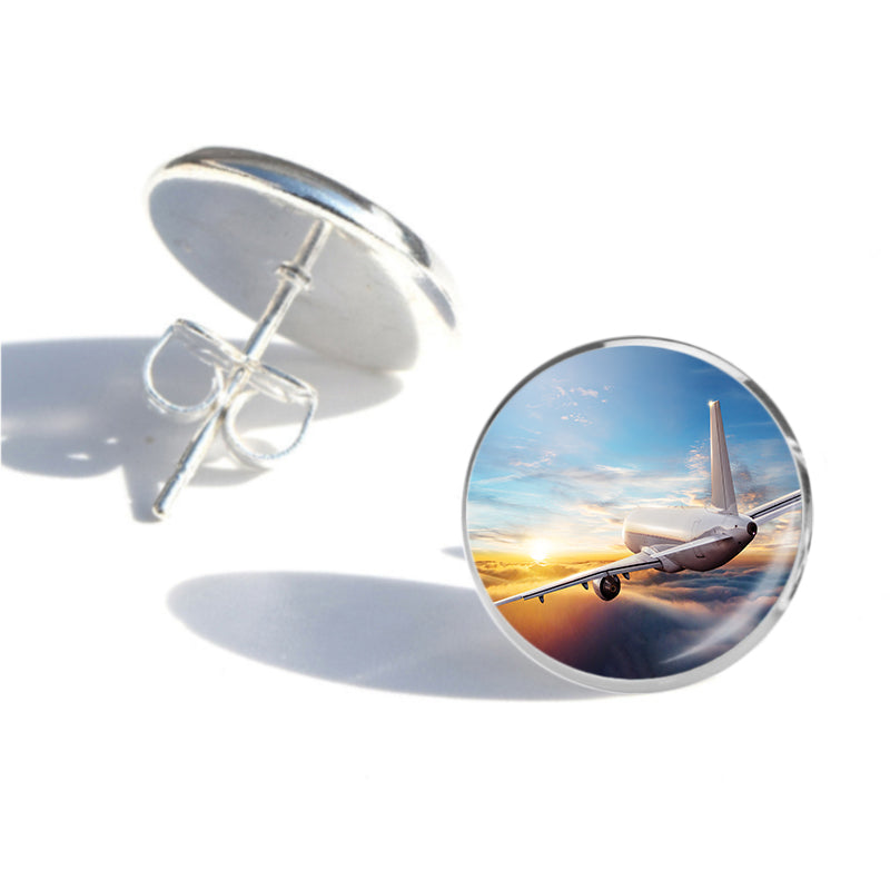 Airliner Jet Cruising over Clouds Designed Stud Earrings