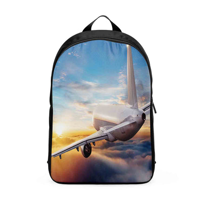 Airliner Jet Cruising over Clouds aviation print backpack, durable polyester.