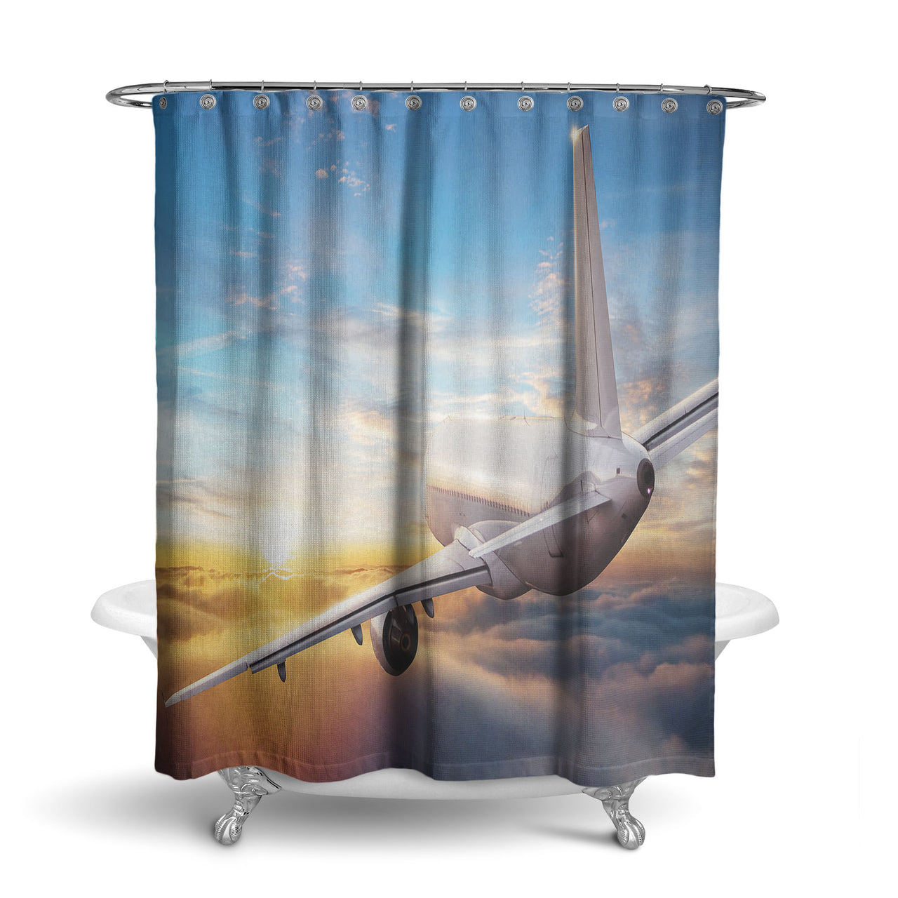 Airliner Jet Cruising over Clouds Designed Shower Curtains