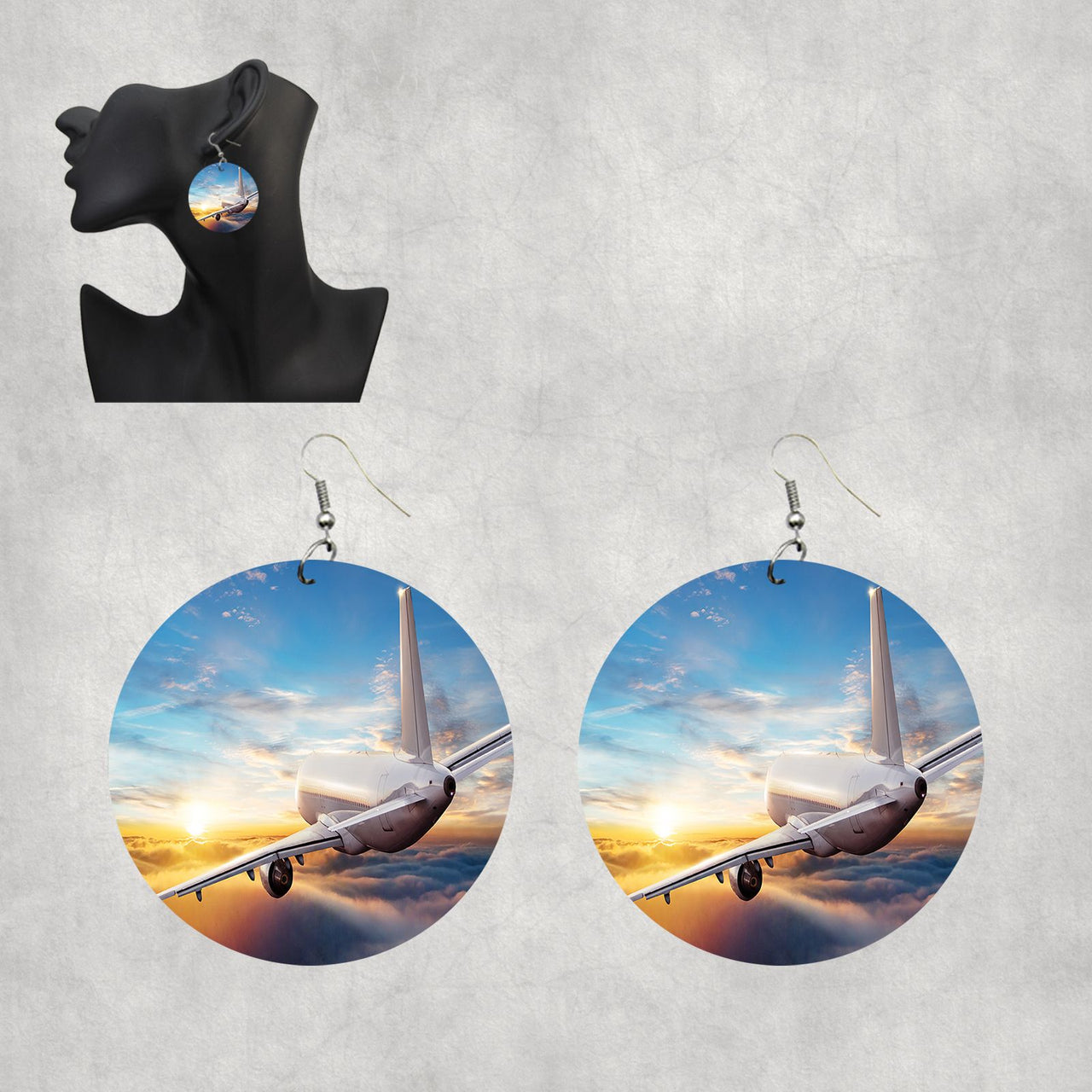 Airliner Jet Cruising over Clouds Designed Wooden Drop Earrings