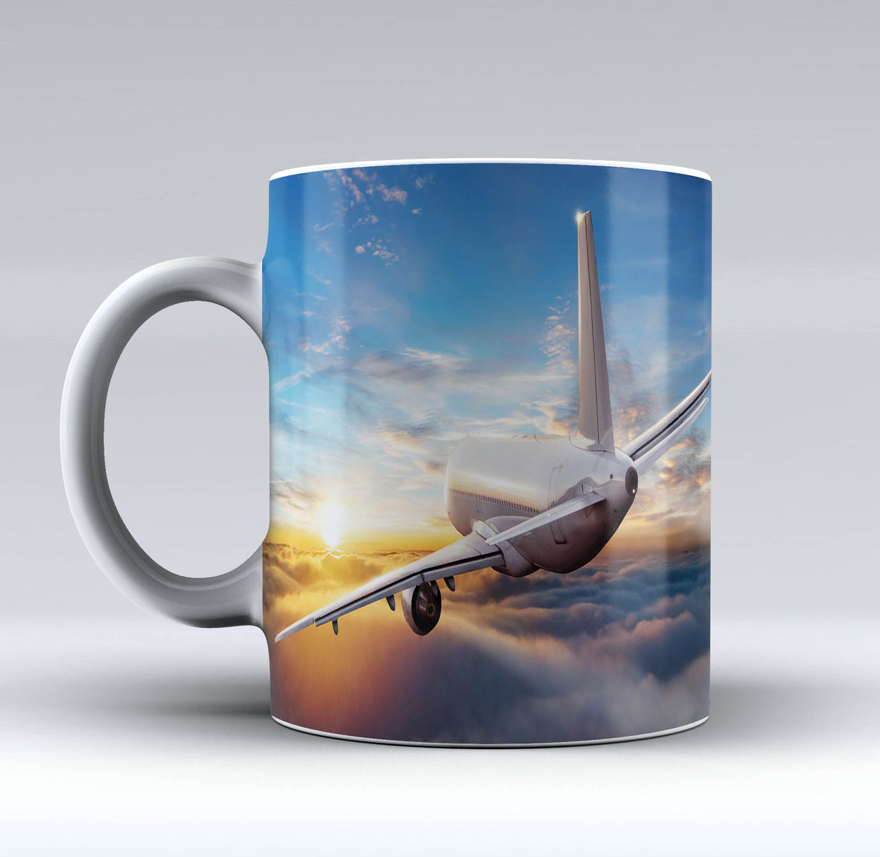 Airliner Jet Cruising over Clouds Designed Mugs