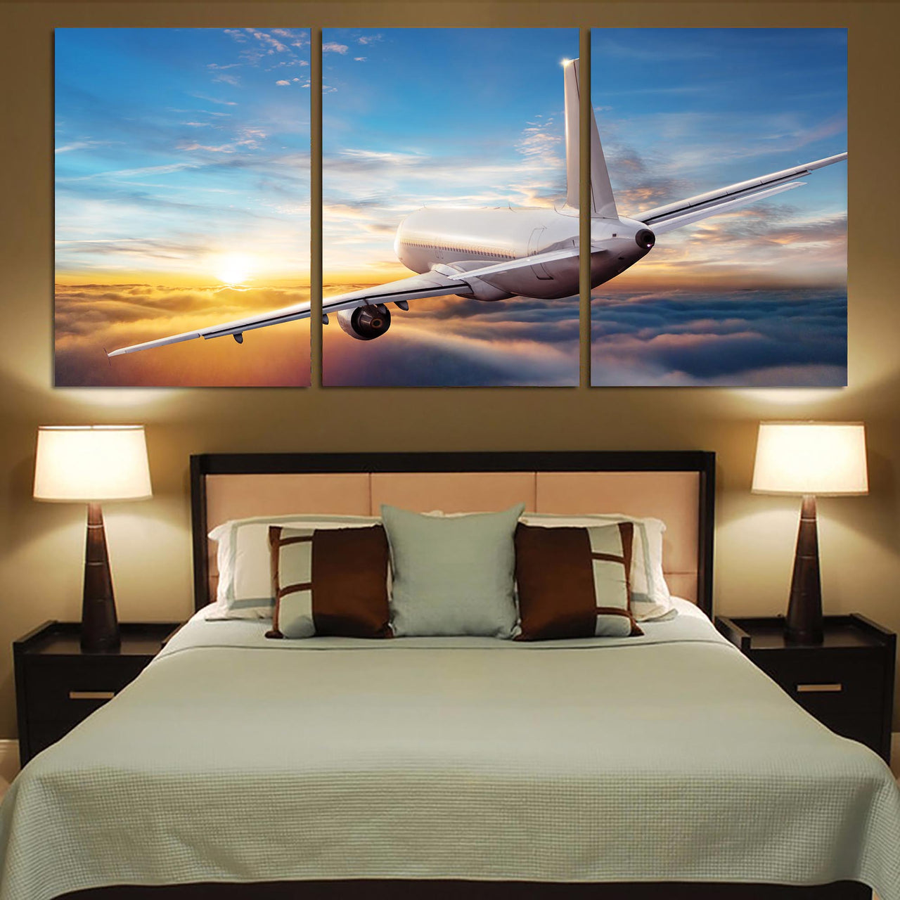 Airliner Jet Cruising over Clouds Printed Canvas Posters (3 Pieces)