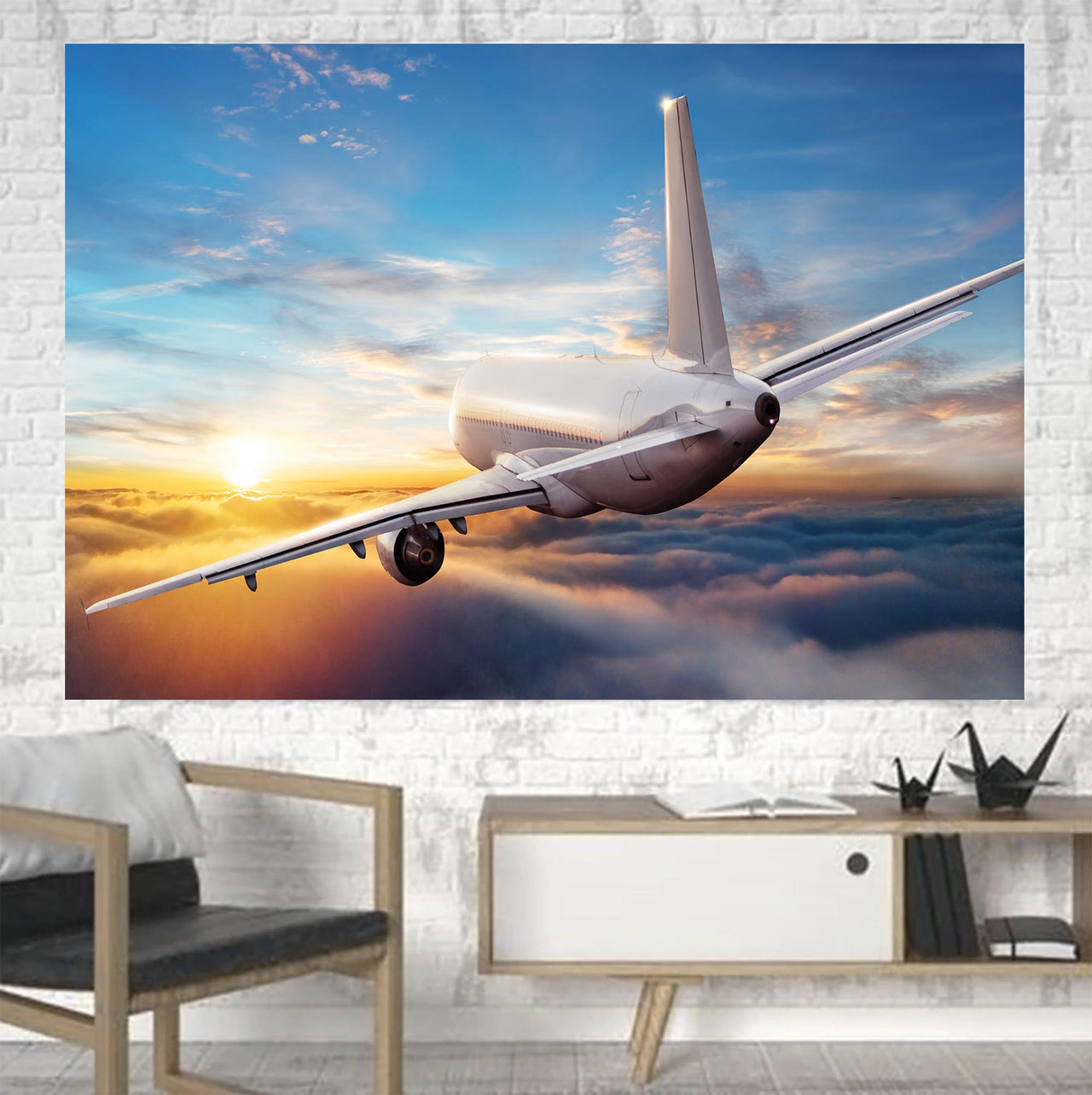 Airliner Jet Cruising over Clouds Printed Canvas Posters (1 Piece)