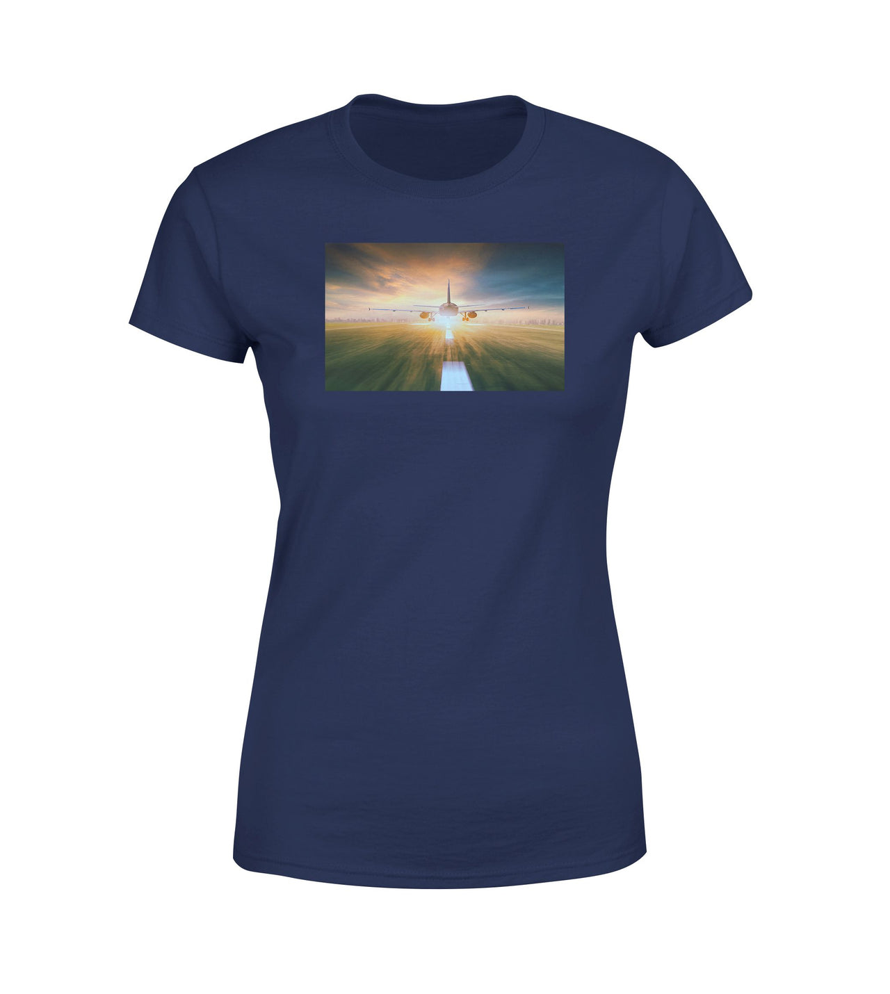 Airplane Flying Over Runway Designed Women T-Shirts