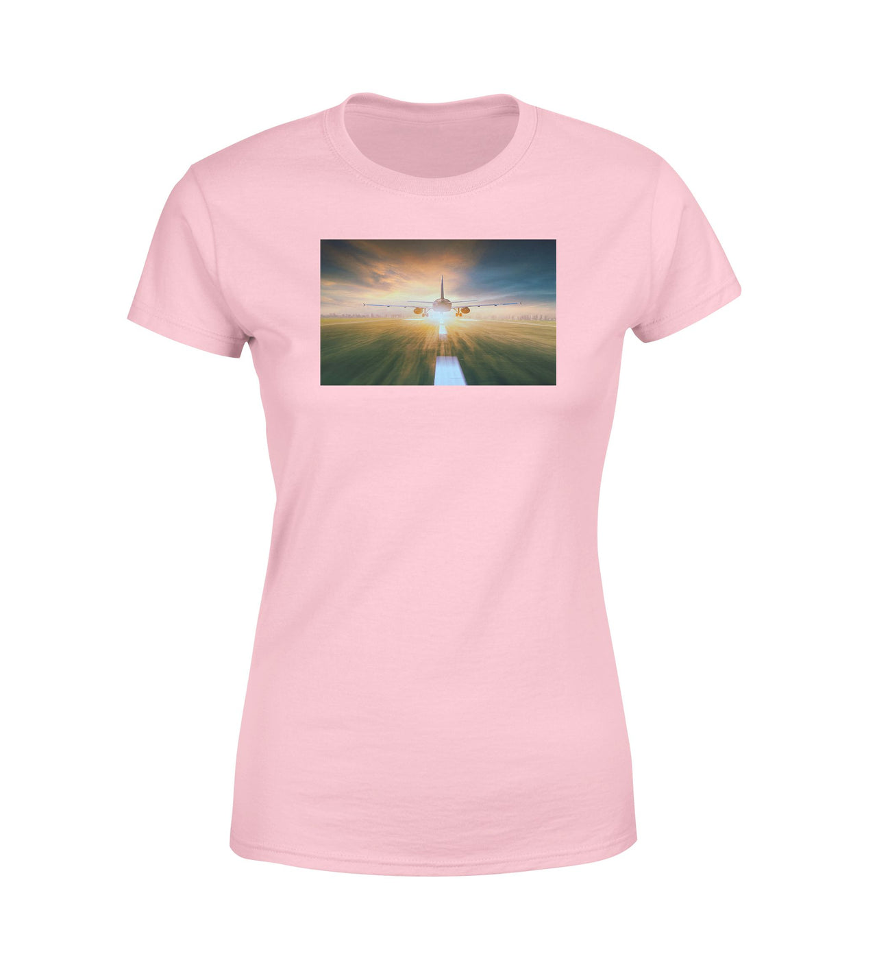 Airplane Flying Over Runway Designed Women T-Shirts