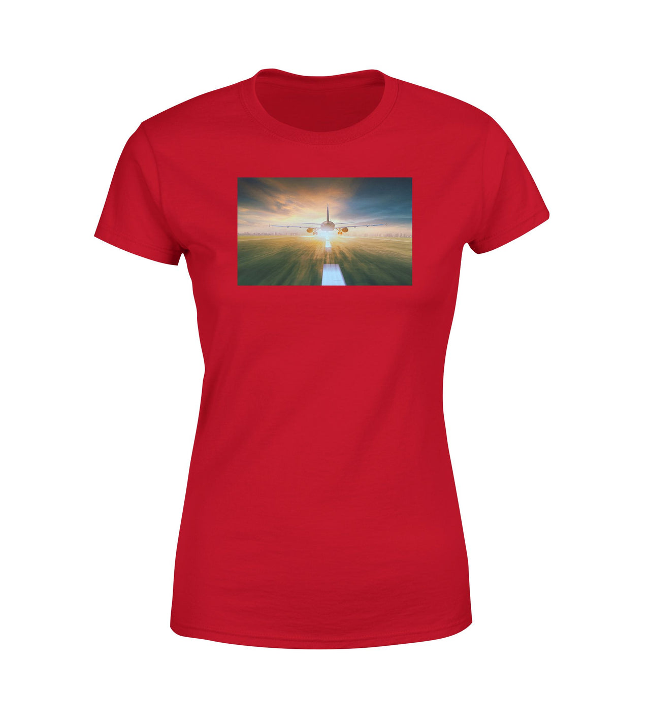 Airplane Flying Over Runway Designed Women T-Shirts