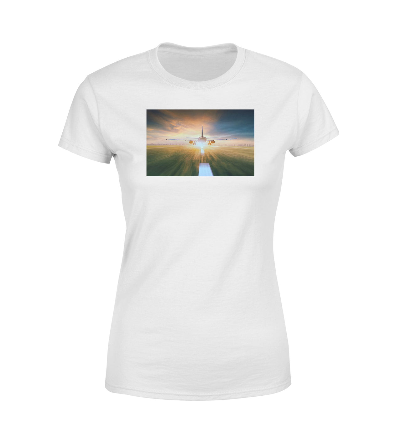 Airplane Flying Over Runway Designed Women T-Shirts