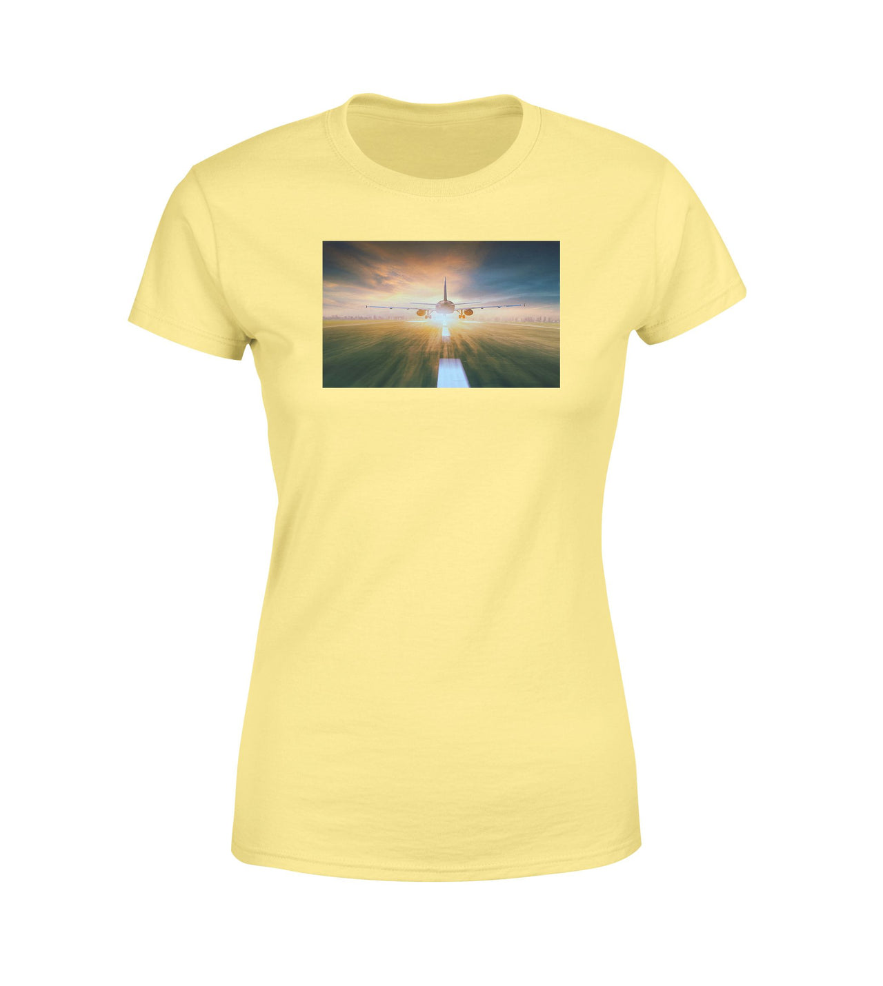 Airplane Flying Over Runway Designed Women T-Shirts
