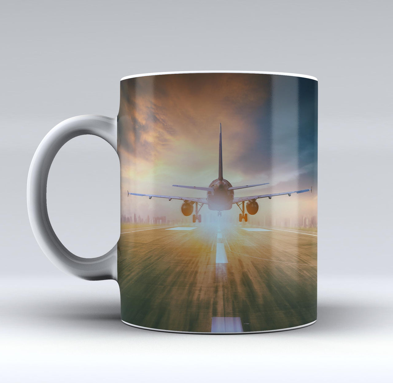 Airplane Flying Over Runway Designed Mugs