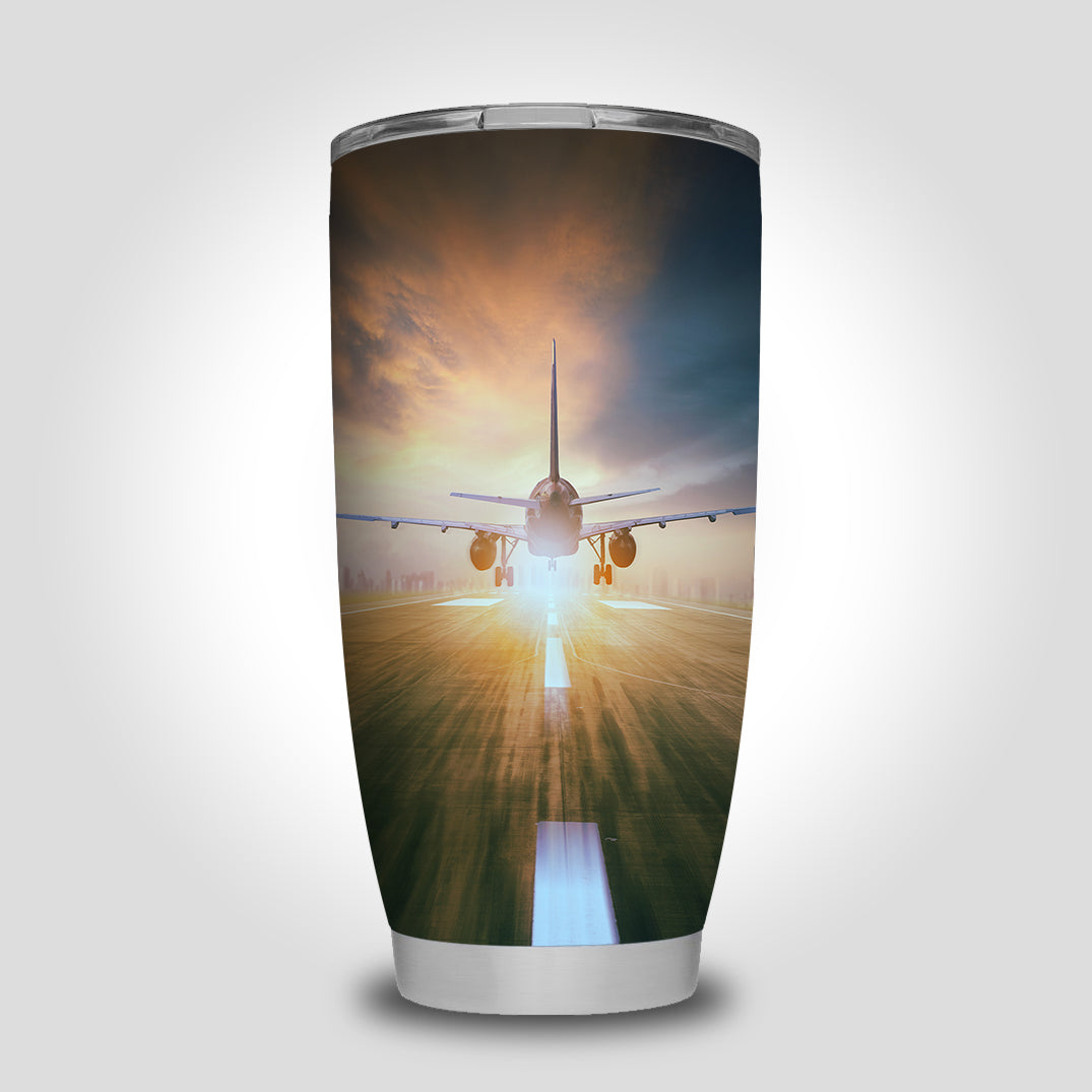 Airplane Flying Over Runway Designed Tumbler Travel Mugs