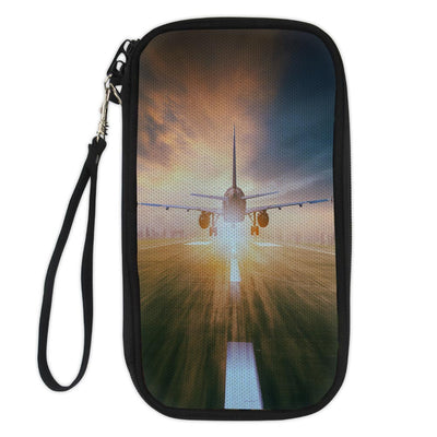 Airplane Flying Over Runway Travel Cases & aviation themed travel case wallet for travel documents.