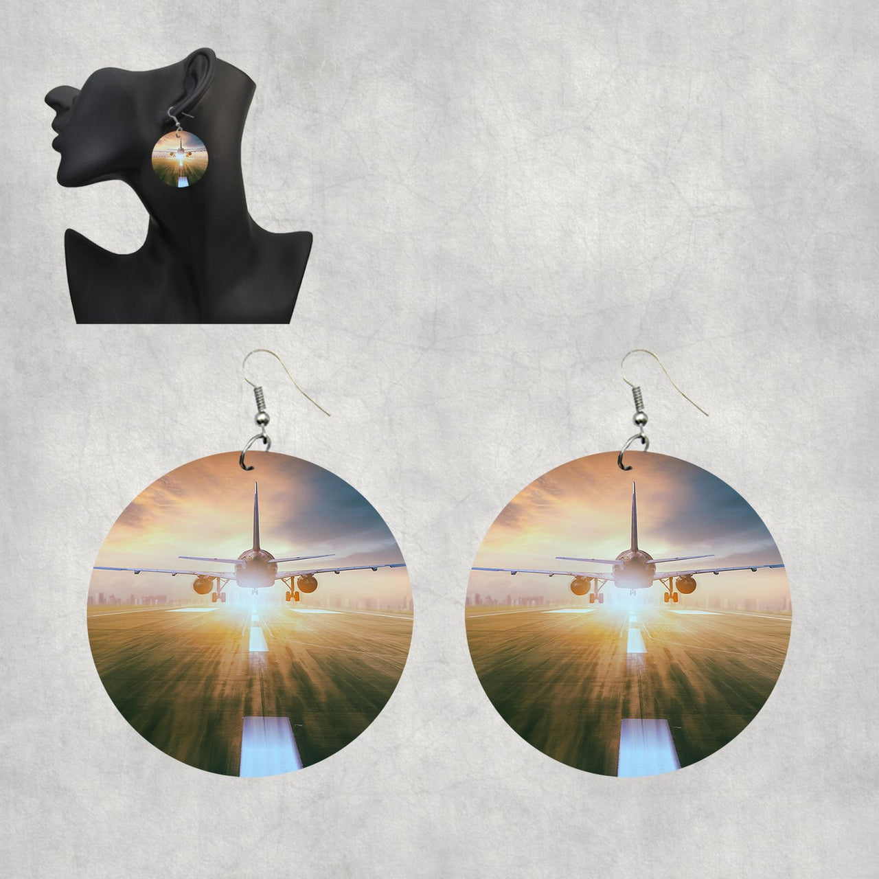 Airplane Flying Over Runway Designed Wooden Drop Earrings