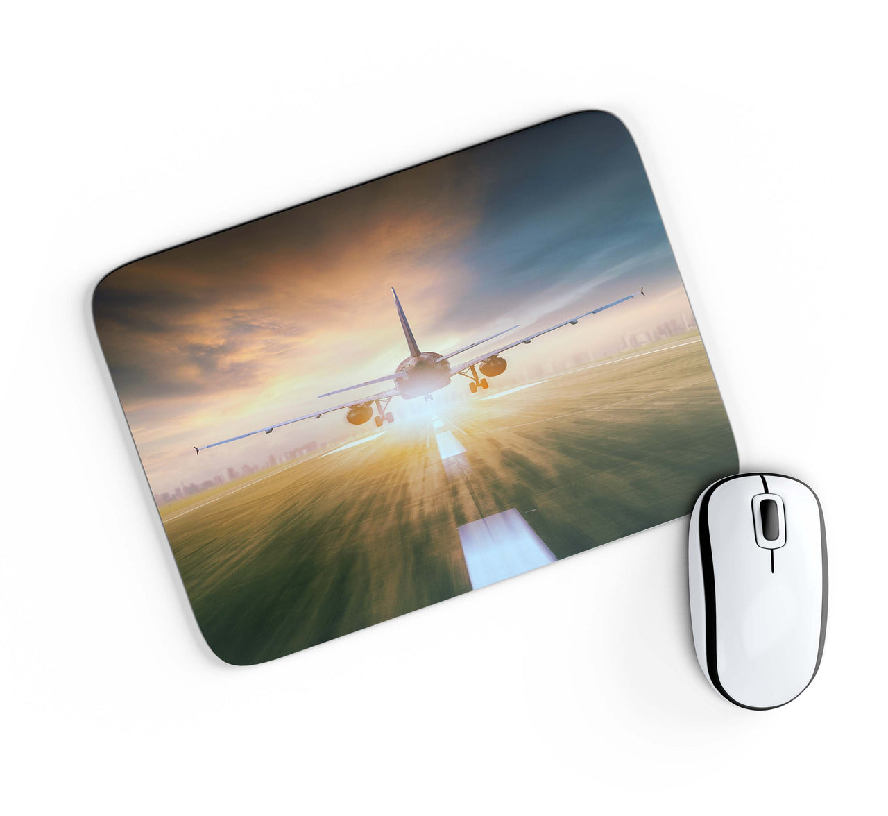 Airplane Flying Over Runway Designed Mouse Pads
